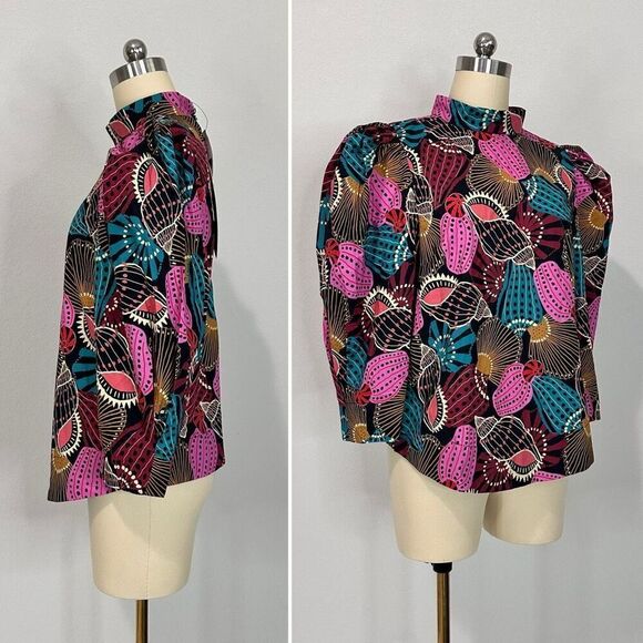 NWT Farm Rio Mock Neck Shell Print Blouse Sz M Boho Coastal Beachy Tribal Batik - Picture 2 of 13